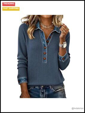Oversized Polo Sweater Long Sleeve Button Up Denim Pullover Tunic Collared
